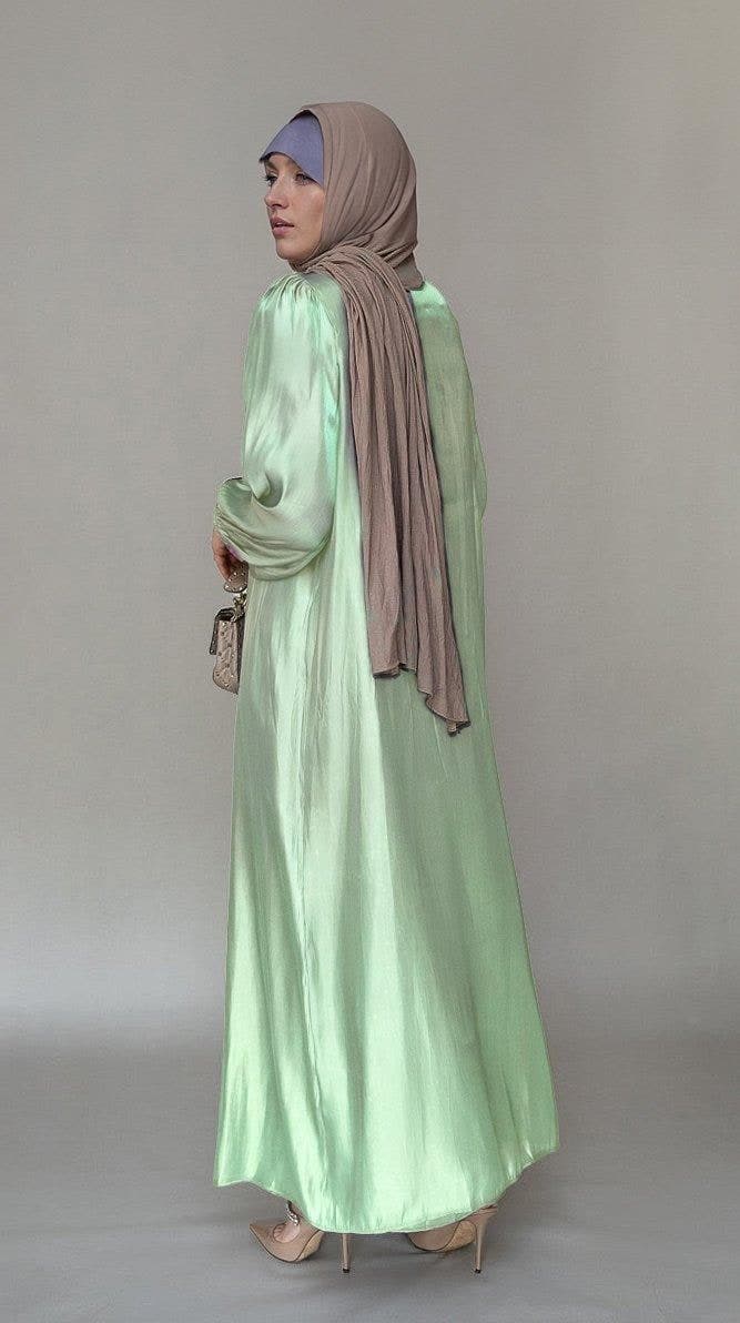Lusindi Organza Like Faux Pearl Abaya with Slip Dress and Detachable Belt Ramadan Eid Set in Light Green, view 3