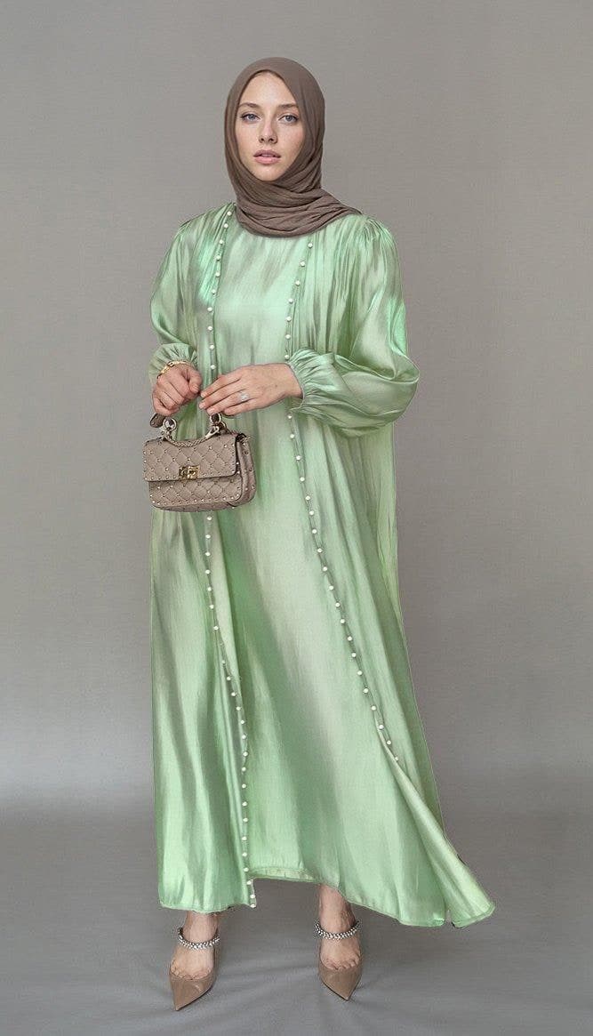 Lusindi Organza Like Faux Pearl Abaya with Slip Dress and Detachable Belt Ramadan Eid Set in Light Green, view 5