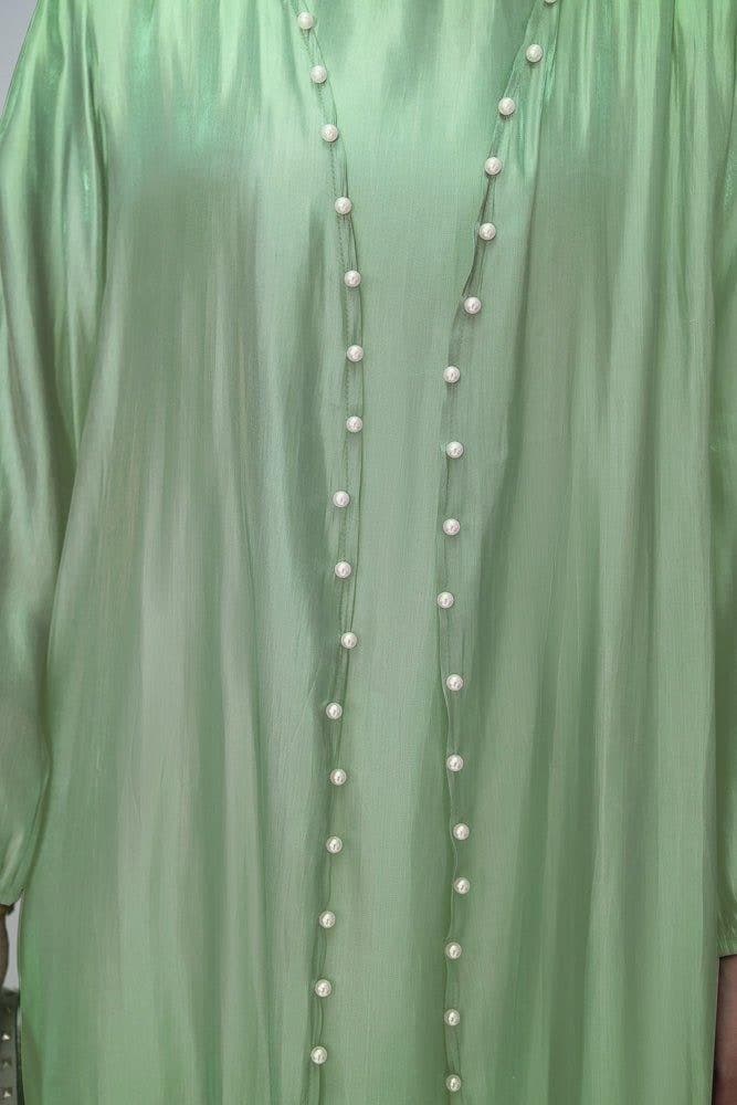 Lusindi Organza Like Faux Pearl Abaya with Slip Dress and Detachable Belt Ramadan Eid Set in Light Green, view 6