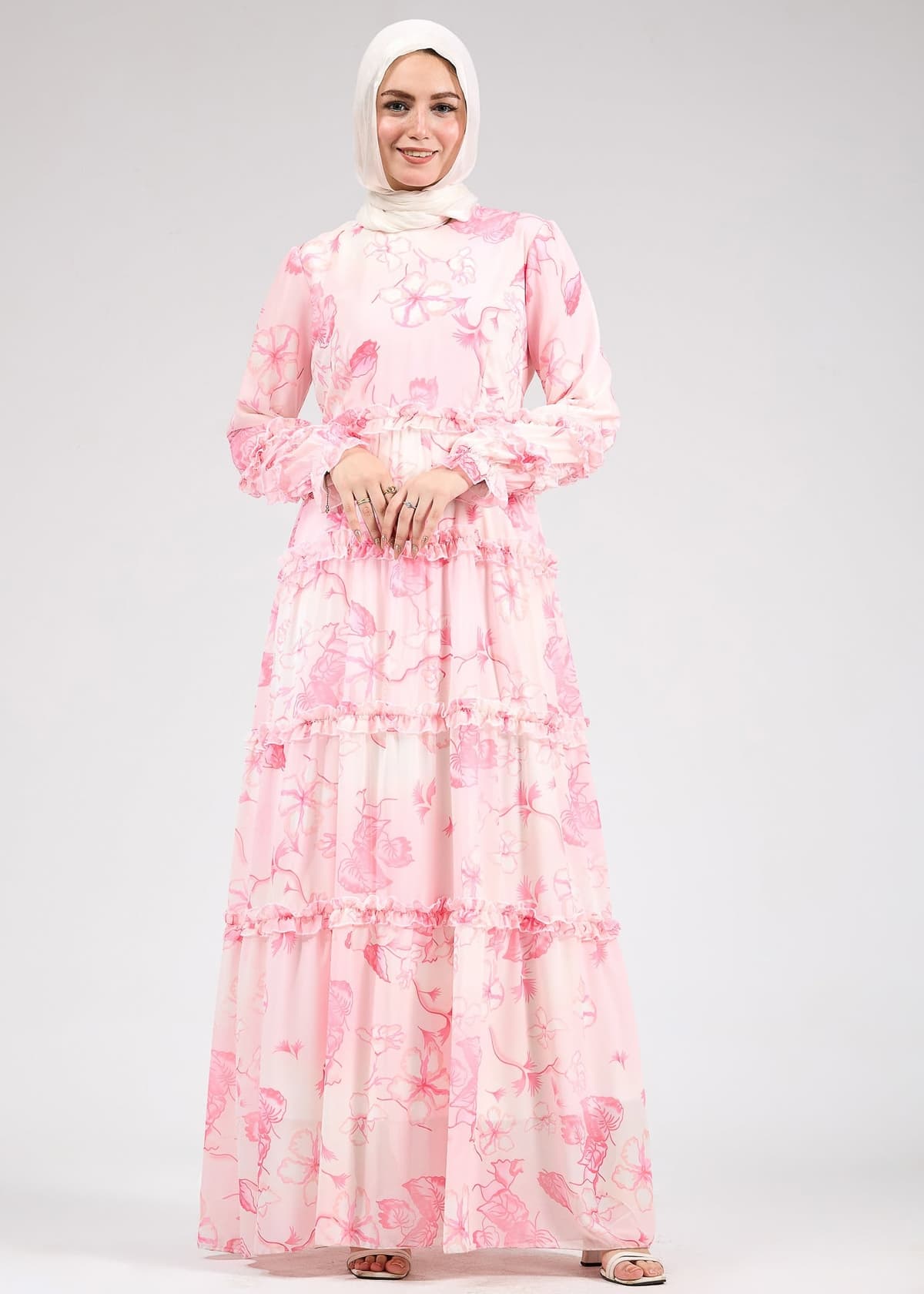 Back view of the delicate floral chiffon maxi dress showing full length