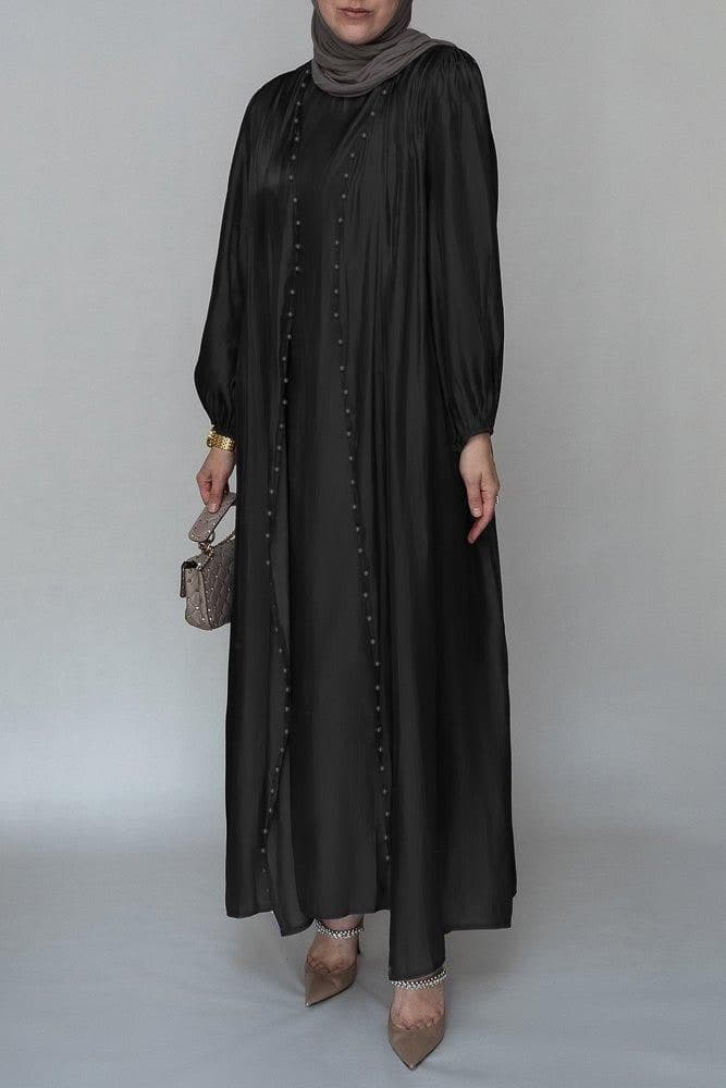Ell Organza Like Faux Pearl Abaya with Slip Dress and Detachable Belt Ramadan Eid Set in Black, view 3