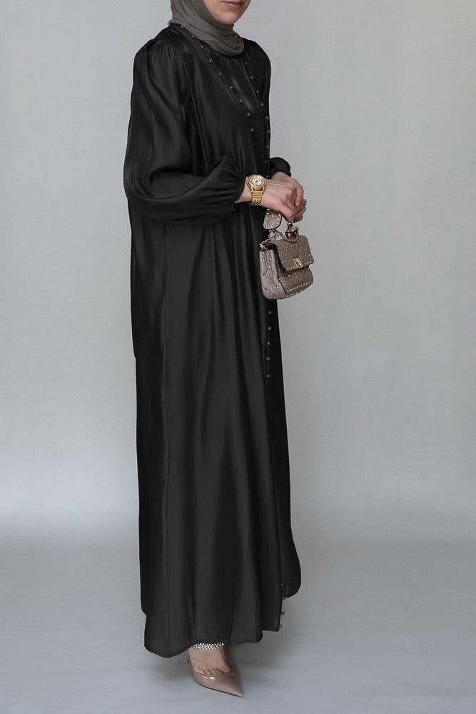 Ell Organza Like Faux Pearl Abaya with Slip Dress and Detachable Belt Ramadan Eid Set in Black, view 4