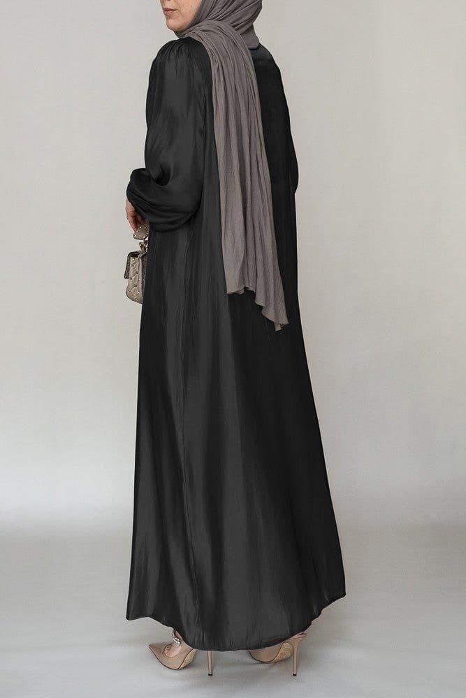 Ell Organza Like Faux Pearl Abaya with Slip Dress and Detachable Belt Ramadan Eid Set in Black, view 6
