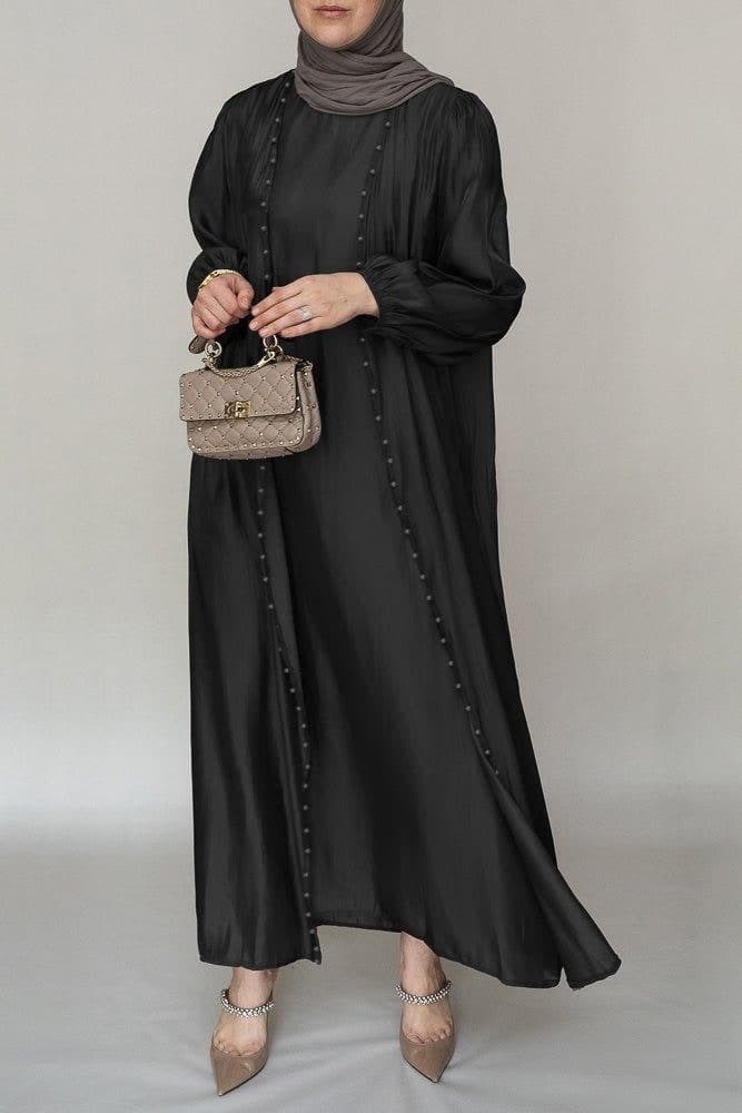 Ell Organza Like Faux Pearl Abaya with Slip Dress and Detachable Belt Ramadan Eid Set in Black, view 5