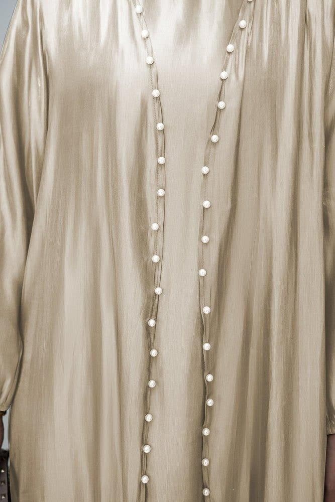 Mayrose Organza Like Faux Pearl Abaya with Slip Dress and Detachable Belt Ramadan Eid Set in Beige, view 5