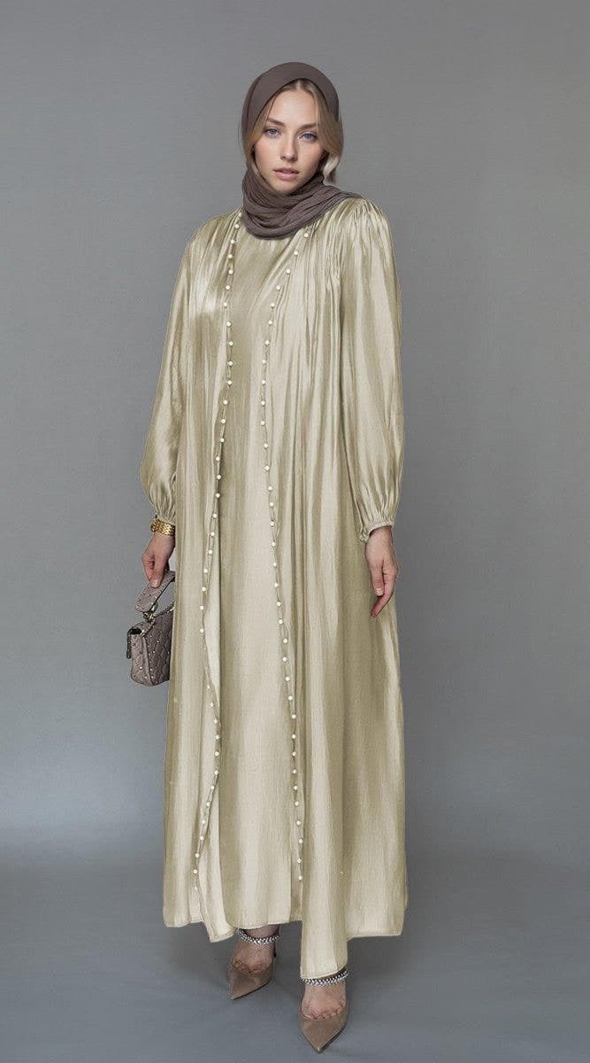 Mayrose Organza Like Faux Pearl Abaya with Slip Dress and Detachable Belt Ramadan Eid Set in Beige, view 4