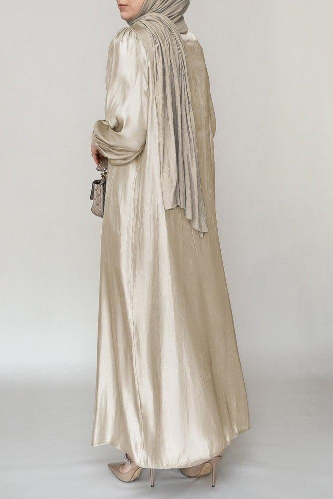 Mayrose Organza Like Faux Pearl Abaya with Slip Dress and Detachable Belt Ramadan Eid Set in Beige, view 6