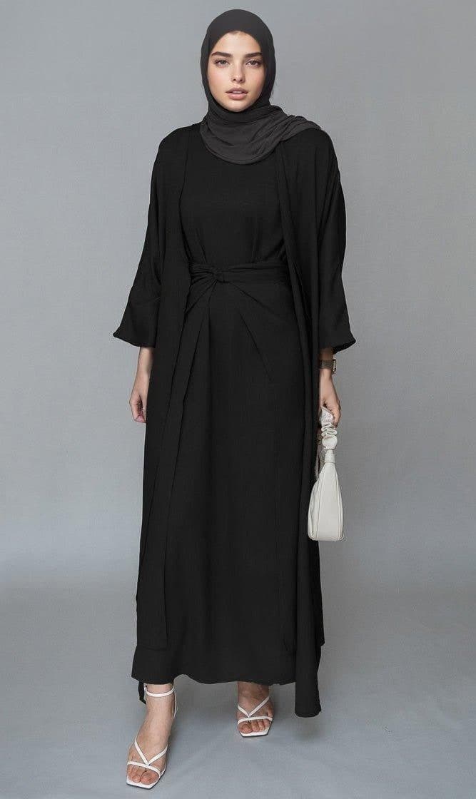 Trinia Linen Natural Fabric 3 Piece Set with Inner Slip Dress, Apron and Open Front Abaya in Black, view 3