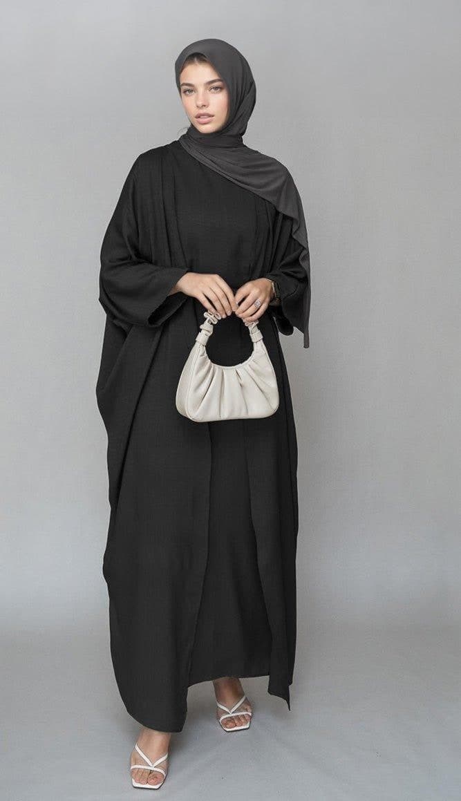 Trinia Linen Natural Fabric 3 Piece Set with Inner Slip Dress, Apron and Open Front Abaya in Black, view 4