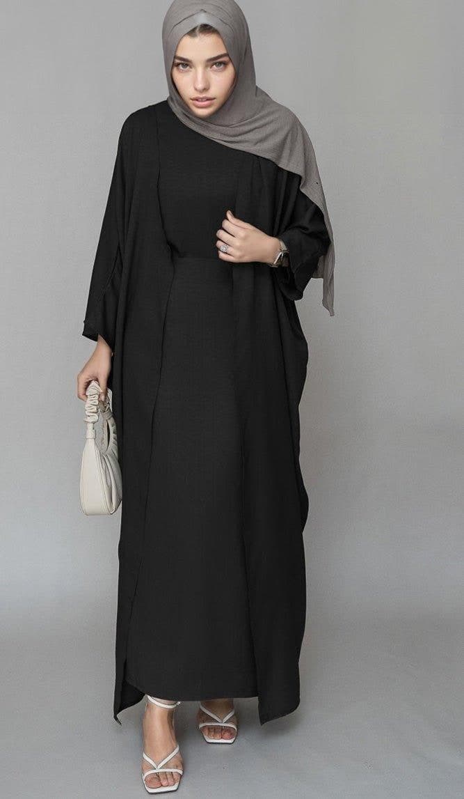 Trinia Linen Natural Fabric 3 Piece Set with Inner Slip Dress, Apron and Open Front Abaya in Black, view 6
