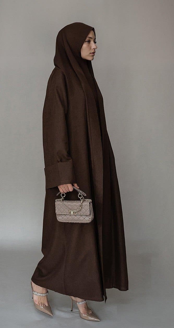 Kattyia Abaya Throw Over Bisht Fabric in Cofee Color with a Detachable Belt in coffee, view 5