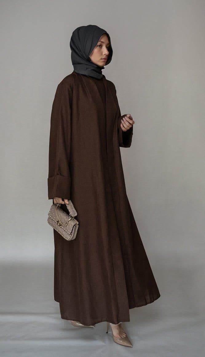 Kattyia Abaya Throw Over Bisht Fabric in Cofee Color with a Detachable Belt in coffee, view 3