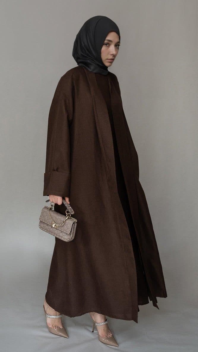 Kattyia Abaya Throw Over Bisht Fabric in Cofee Color with a Detachable Belt in coffee, view 4