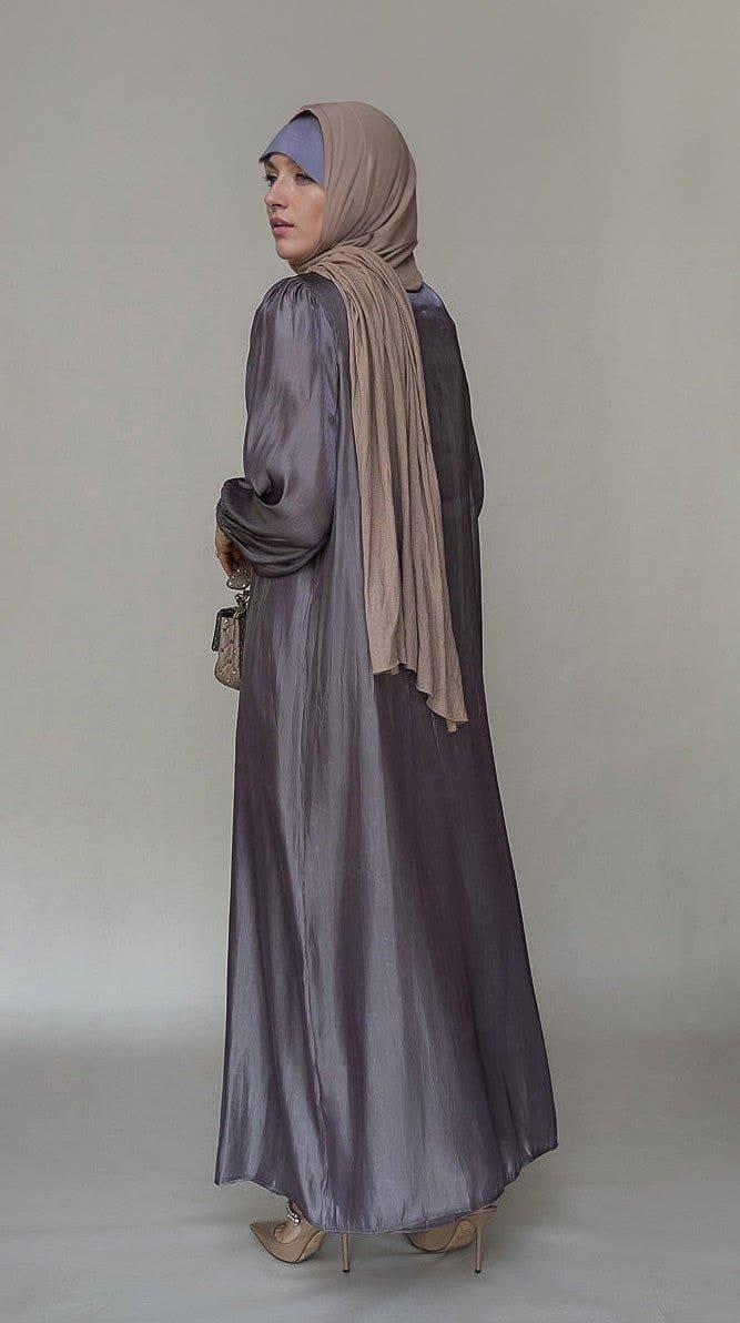 Abril Faux Pearl Abaya - Organza-Like Slip Dress & Detachable Belt Set for Ramadan & Eid in purple, view 5