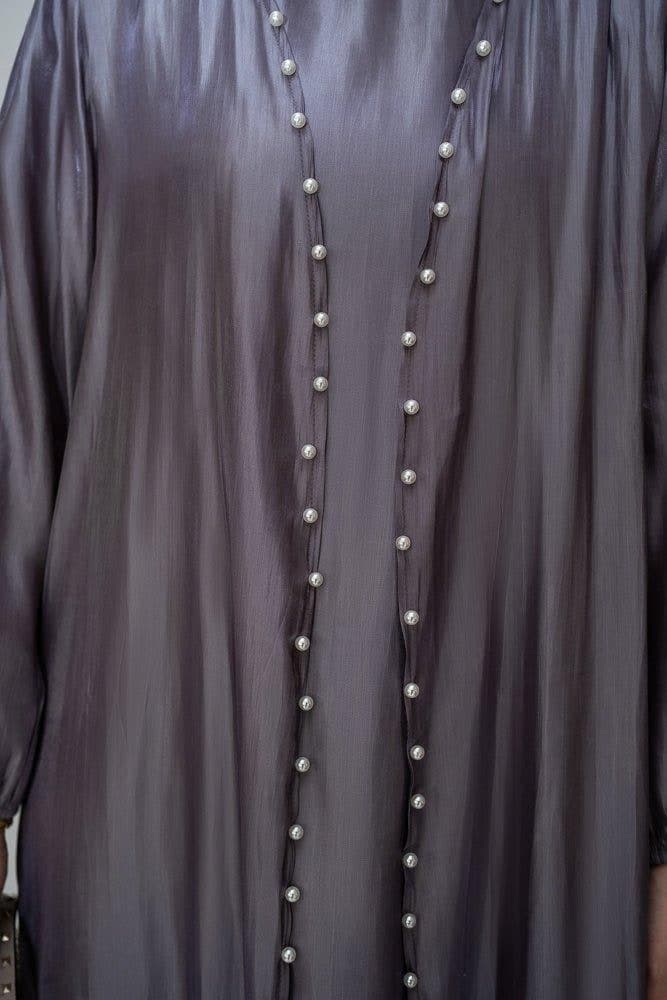 Abril Faux Pearl Abaya - Organza-Like Slip Dress & Detachable Belt Set for Ramadan & Eid in purple, view 6