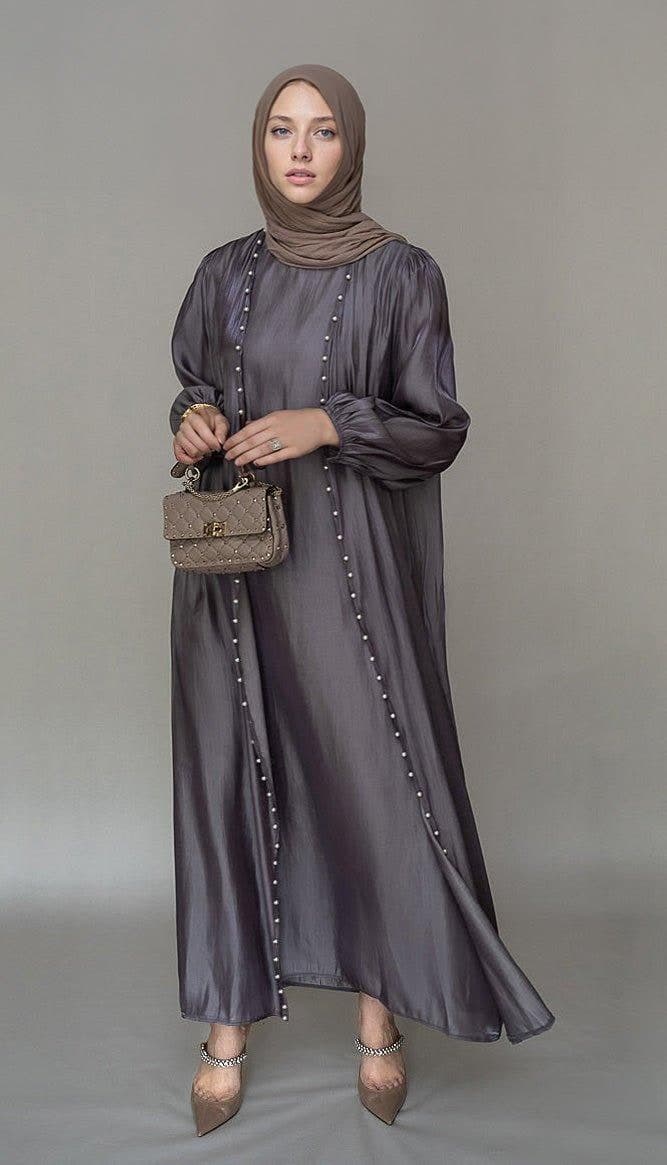 Abril Faux Pearl Abaya - Organza-Like Slip Dress & Detachable Belt Set for Ramadan & Eid in purple, view 4