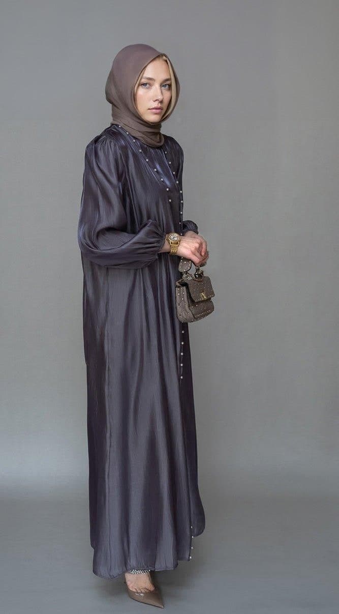 Abril Faux Pearl Abaya - Organza-Like Slip Dress & Detachable Belt Set for Ramadan & Eid in purple, view 3