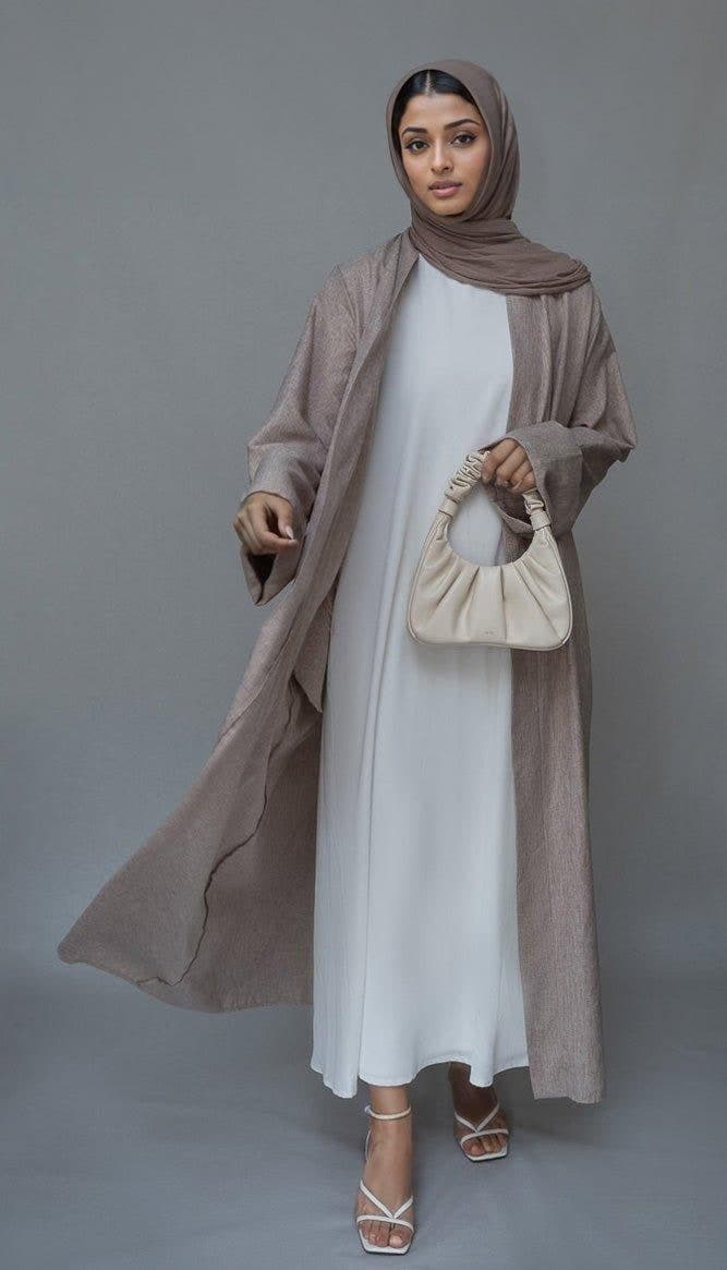 Lounia Maxi Throw Over Abaya in Light Linen Fabric with a Detachable Belt in taro, view 4