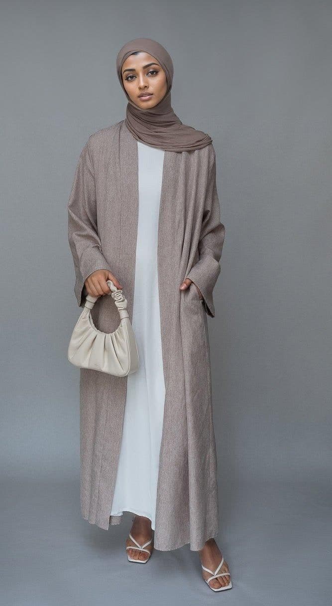 Lounia Maxi Throw Over Abaya in Light Linen Fabric with a Detachable Belt in taro, view 5