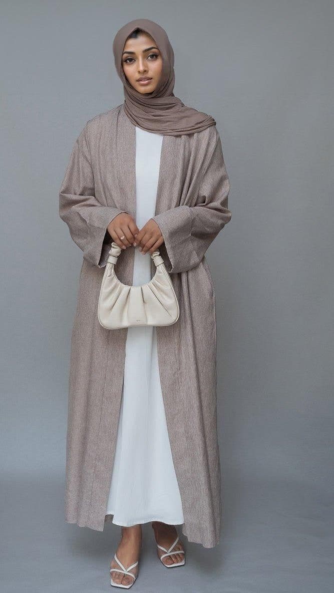 Lounia Maxi Throw Over Abaya in Light Linen Fabric with a Detachable Belt in taro, view 6