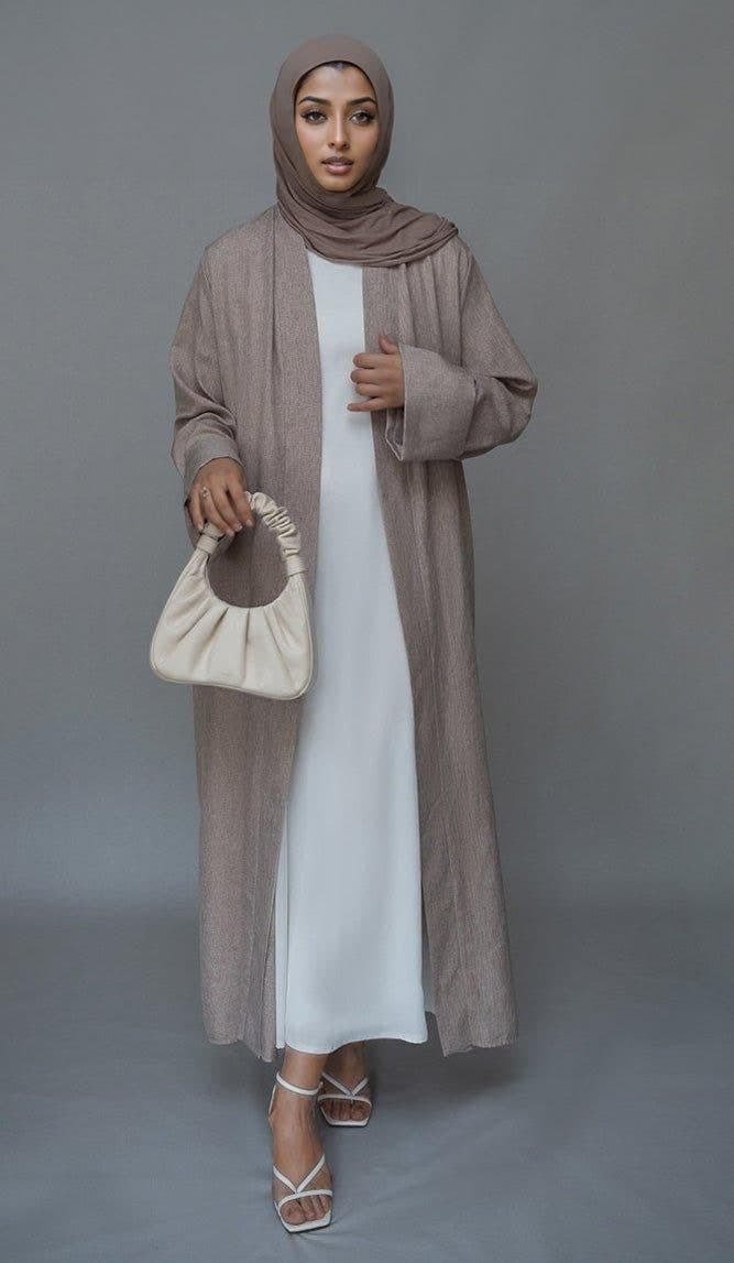 Lounia Maxi Throw Over Abaya in Light Linen Fabric with a Detachable Belt in taro, view 3