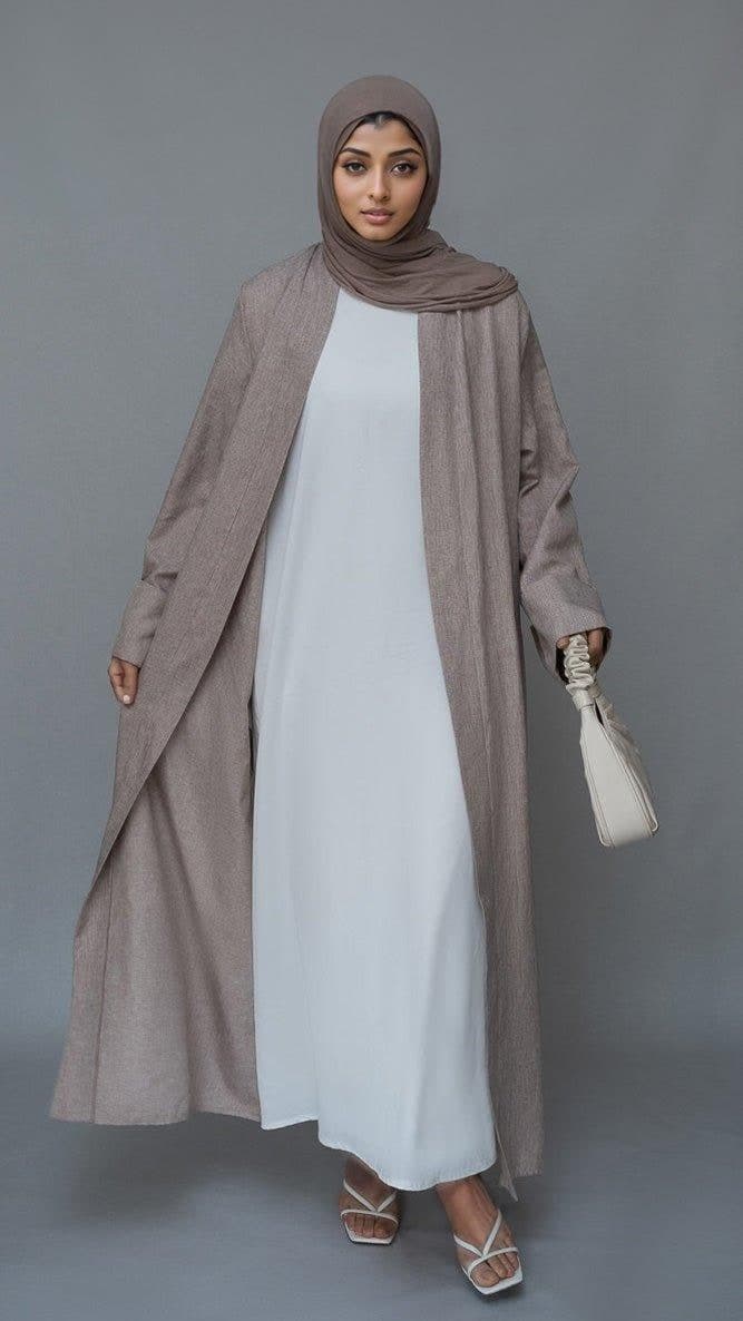 Lounia Maxi Throw Over Abaya in Light Linen Fabric with a Detachable Belt in taro, view 9