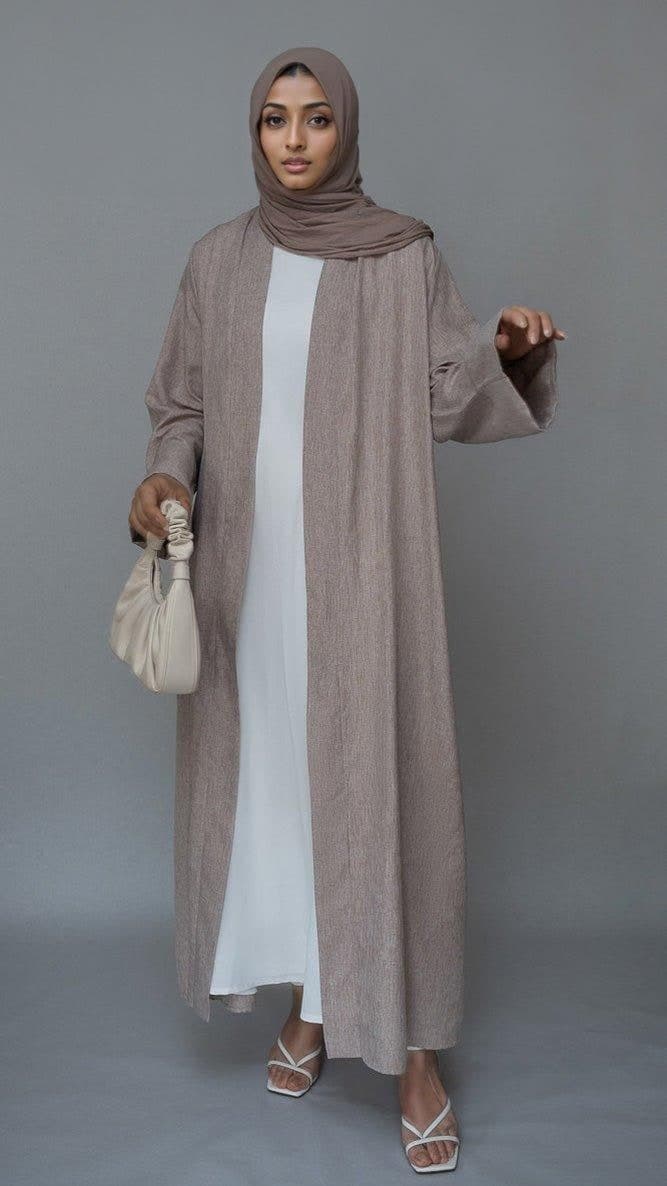 Lounia Maxi Throw Over Abaya in Light Linen Fabric with a Detachable Belt in taro, view 8