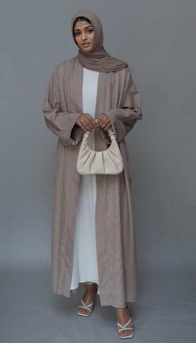 Lounia Maxi Throw Over Abaya in Light Linen Fabric with a Detachable Belt in taro, view 7