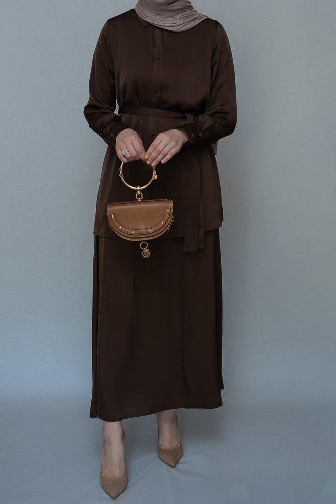 Hattei Blouse Skirt Modest Set Maxi Skirt with Elasticated Waistband Maxi Sleeve Buttoned Shirt with a Detachable Belt in Coffee Brown, view 5
