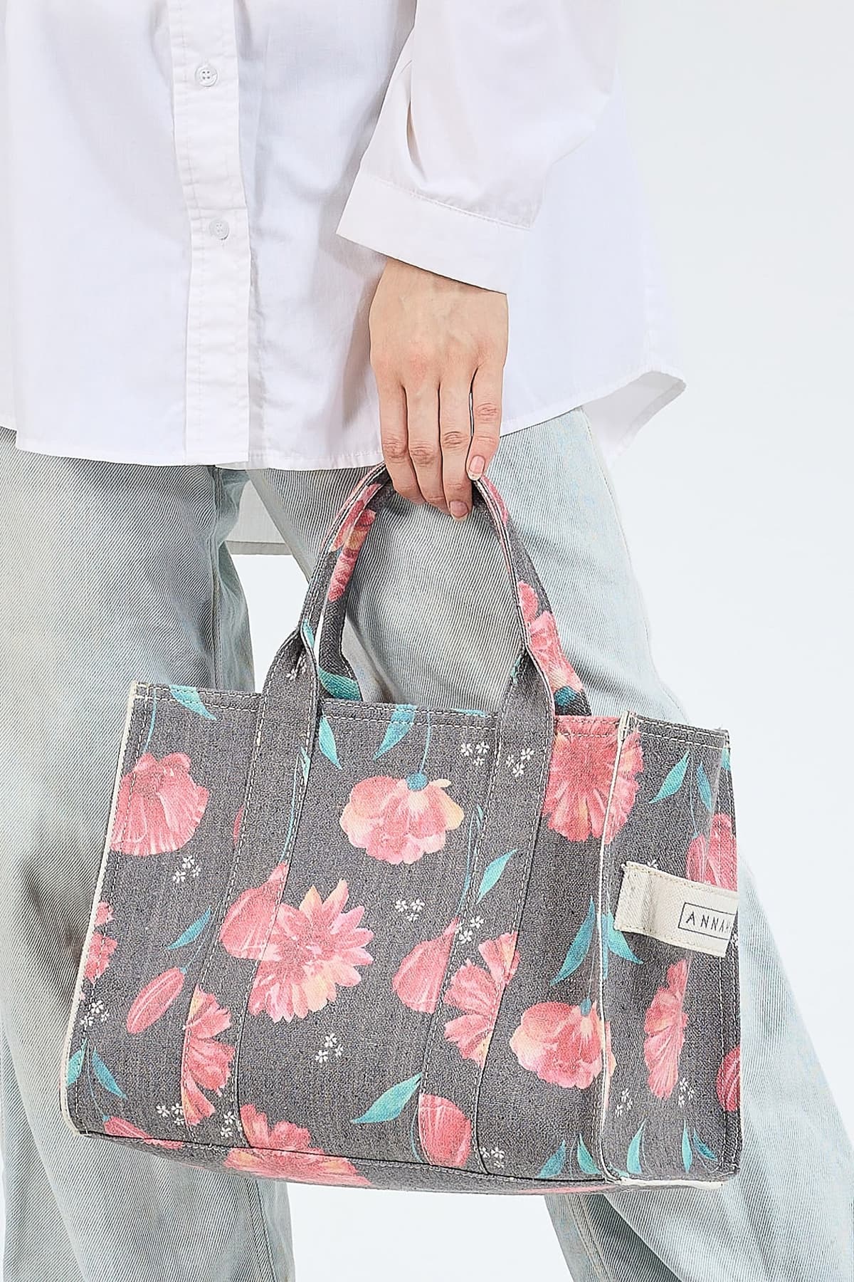 Floral Gray Cotton Canvas Tote Bag handle detail