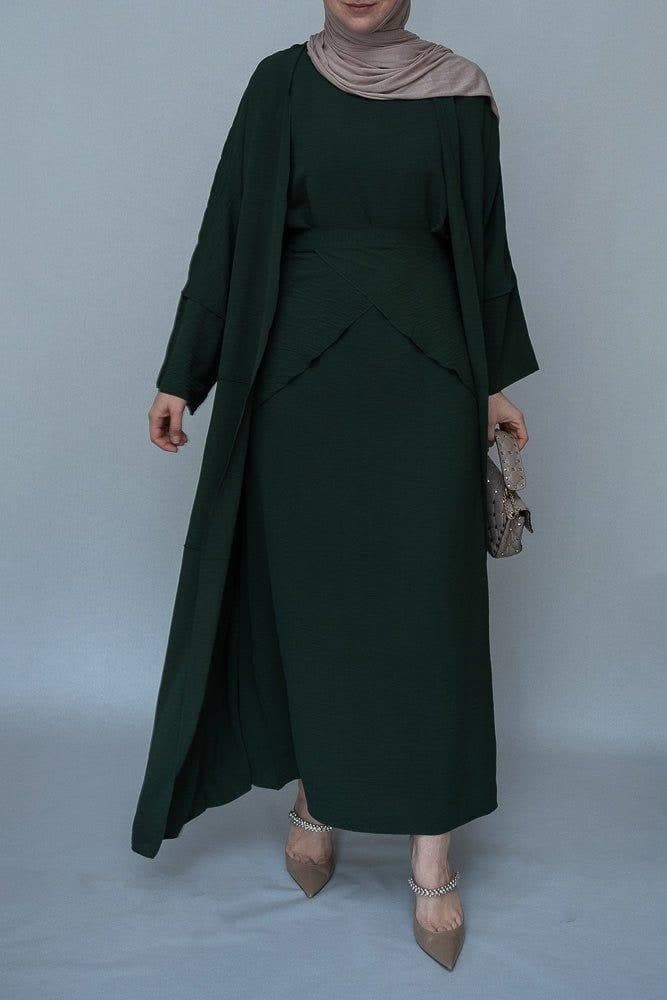Latinia Three Piece Maxi Abaya in Dark Green with Apron and Inside Out Stitching, view 3