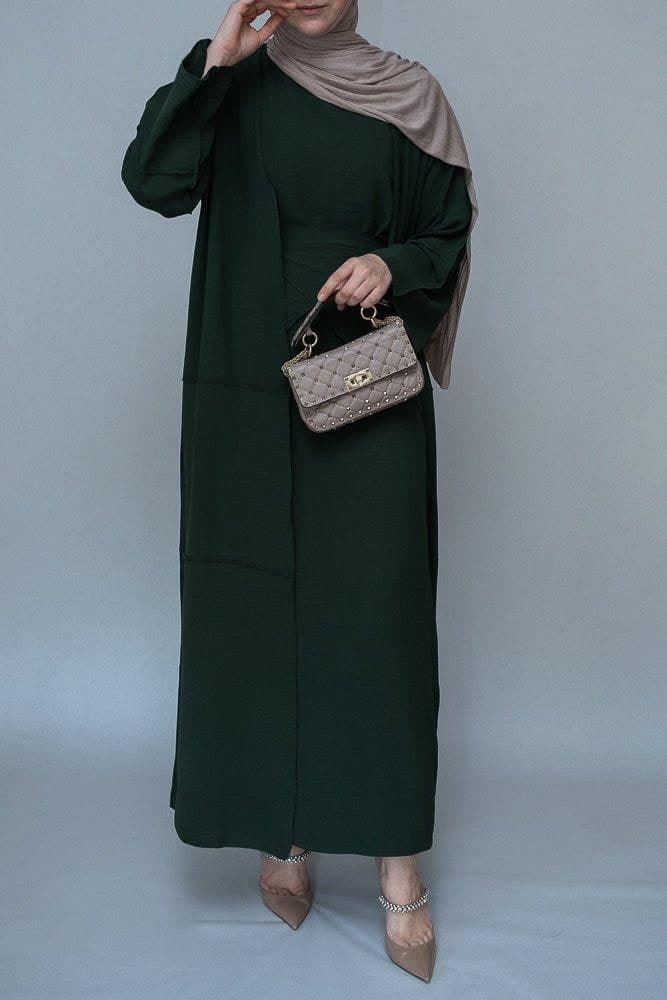Latinia Three Piece Maxi Abaya in Dark Green with Apron and Inside Out Stitching, view 7