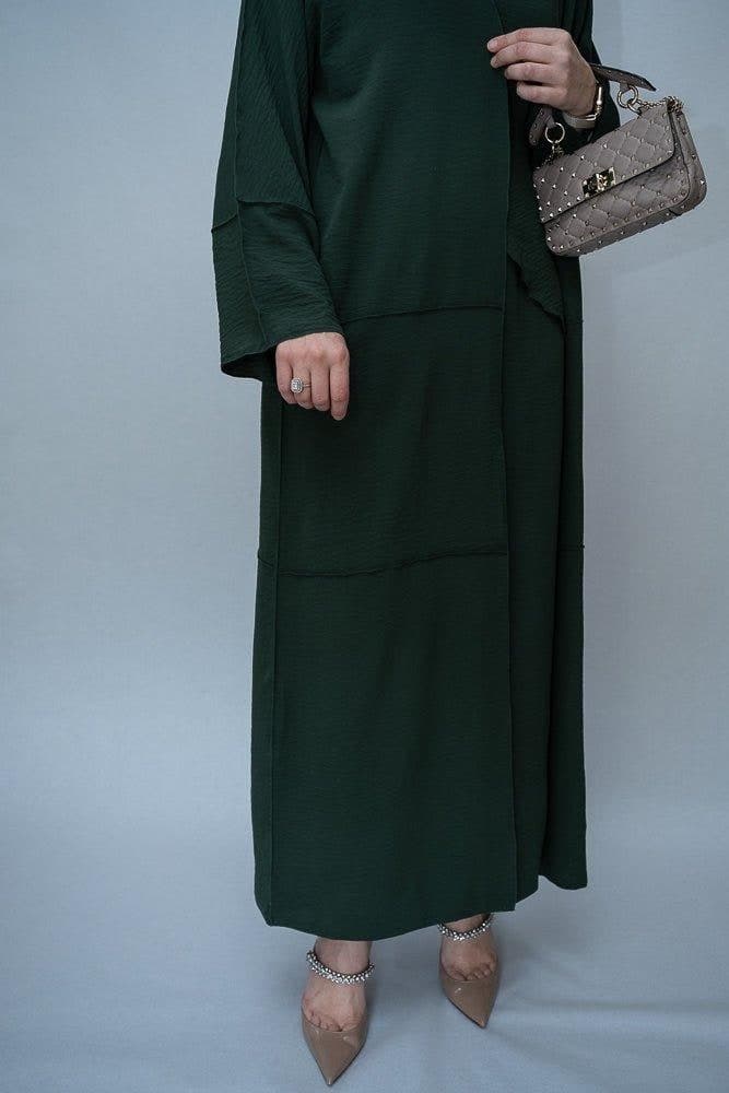 Latinia Three Piece Maxi Abaya in Dark Green with Apron and Inside Out Stitching, view 5