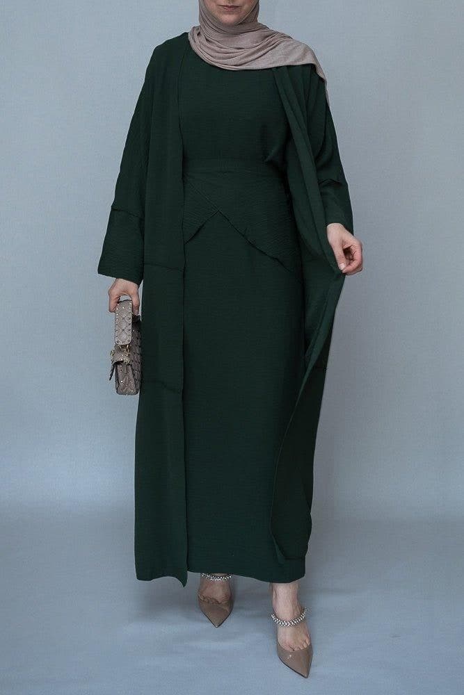 Latinia Three Piece Maxi Abaya in Dark Green with Apron and Inside Out Stitching, view 4