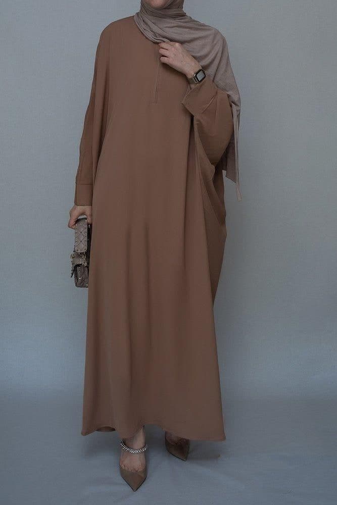 Plain Batwing Sleeve Abaya for Hajj Umrah Prayer Dress for Women in Beige Brown in khaki, view 4