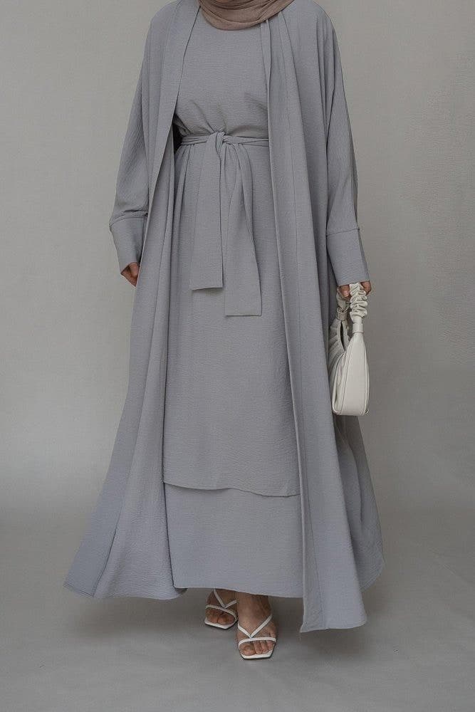 Isaabella three piece abaya set with ling sleeve slip dress throw over and a belt in grey