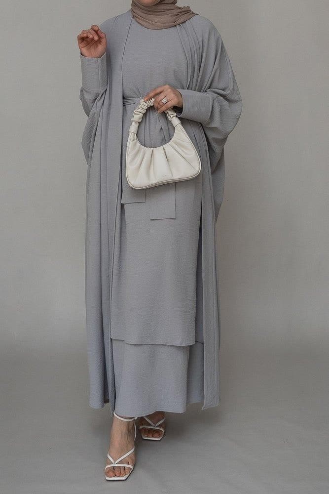 Isaabella Three Piece Abaya Set with Ling Sleeve Slip Dress Throw Over and a Belt in Grey, view 3