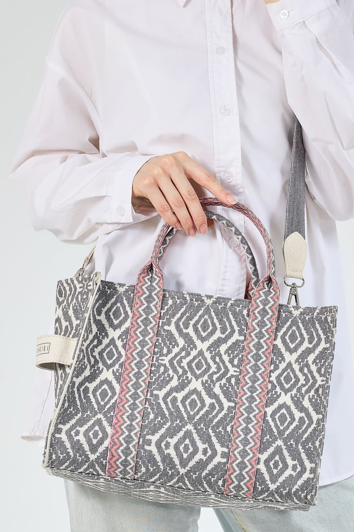 Gray and coral tote with removable strap