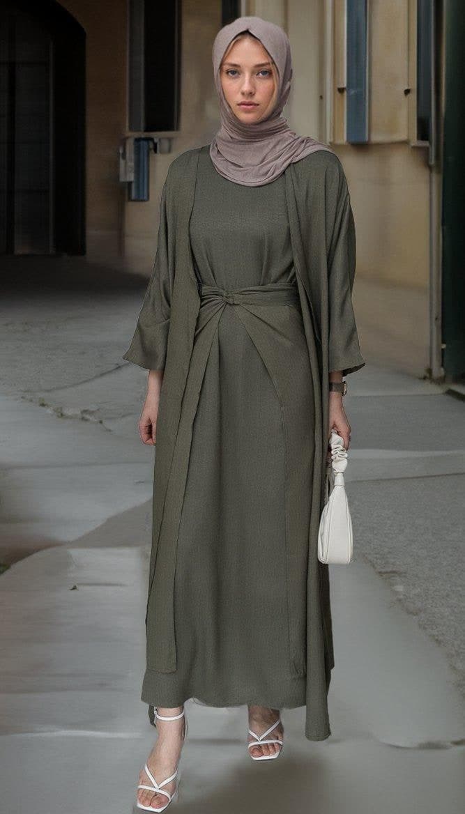 Dinia Linen Natural Fabric 3 Piece Set with Inner Slip Dress, Apron and Open Front Abaya in Khaki Green, view 4