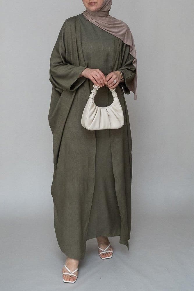 Dinia Linen Natural Fabric 3 Piece Set with Inner Slip Dress, Apron and Open Front Abaya in Khaki Green, view 6
