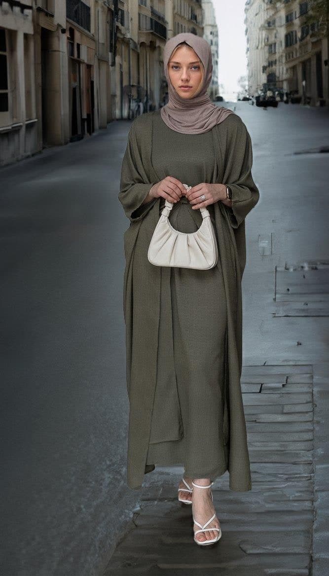 Dinia Linen Natural Fabric 3 Piece Set with Inner Slip Dress, Apron and Open Front Abaya in Khaki Green, view 3