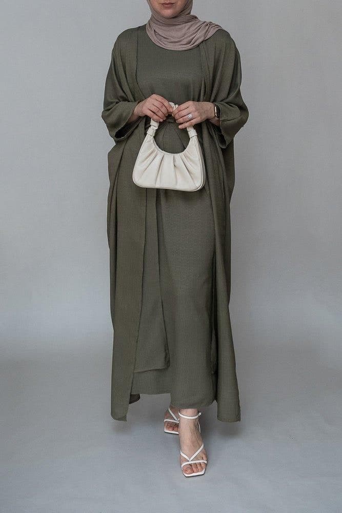 Dinia Linen Natural Fabric 3 Piece Set with Inner Slip Dress, Apron and Open Front Abaya in Khaki Green, view 7