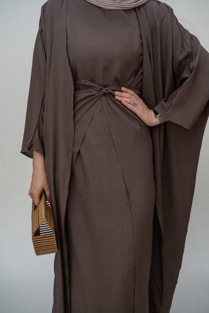 Miray Linen Natural Fabric 3 Piece Set with Inner Slip Dress, Apron and Open Front Abaya in Coffee, view 6