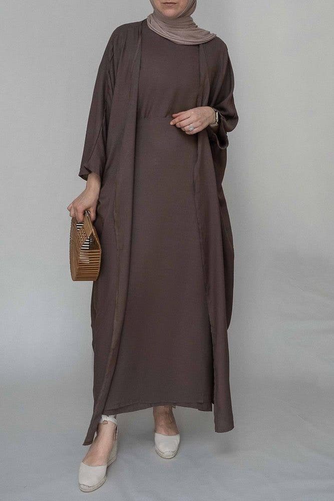 Miray Linen Natural Fabric 3 Piece Set with Inner Slip Dress, Apron and Open Front Abaya in Coffee, view 4