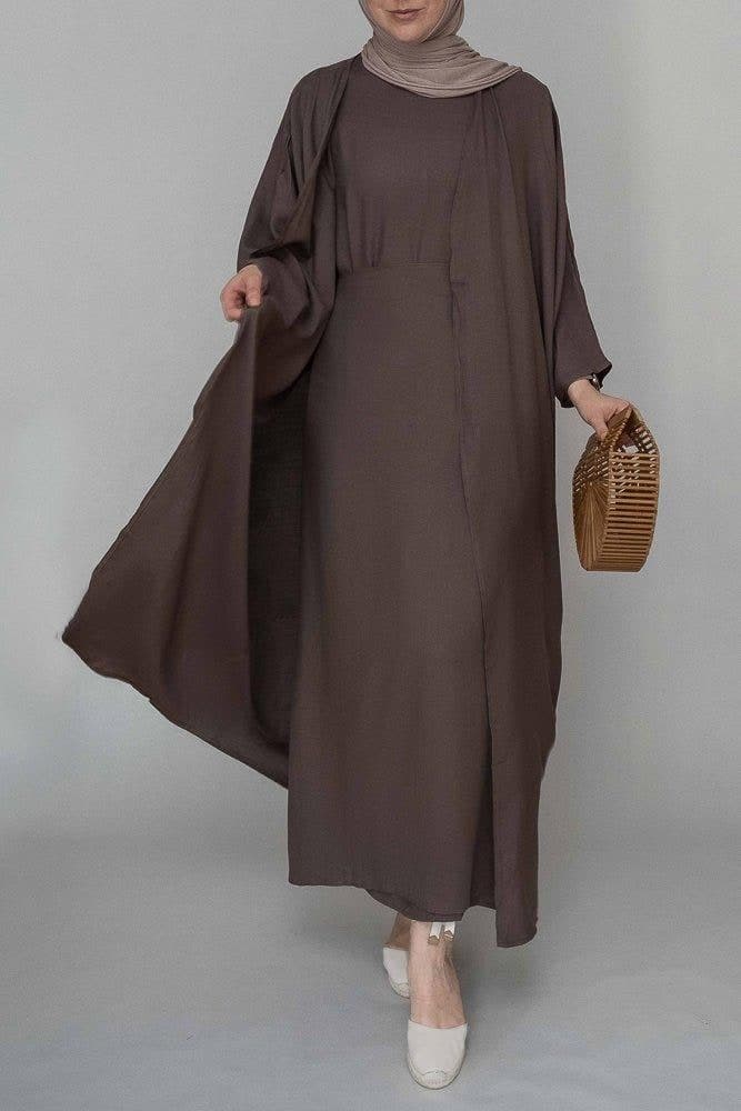 Miray Linen Natural Fabric 3 Piece Set with Inner Slip Dress, Apron and Open Front Abaya in Coffee, view 3