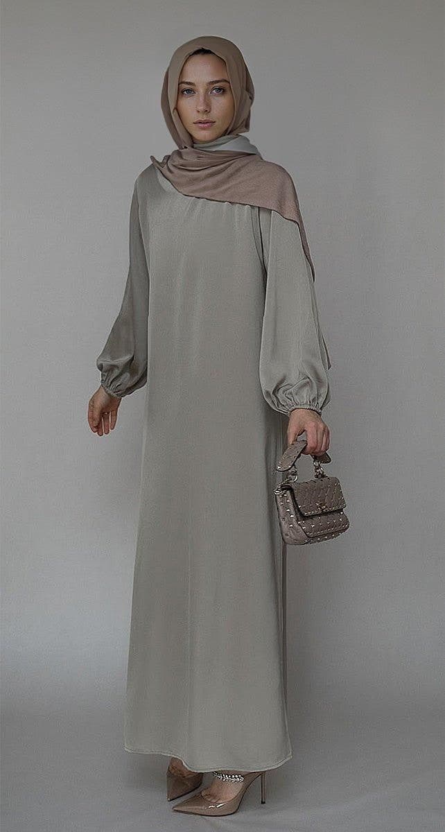 Fleeur maxi abaya dress with detached apron elasticated sleeve like tie waist piece in satin green - ANNAH HARIRI