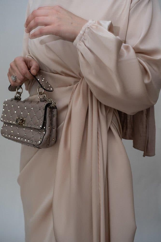 Lulule Maxi Abaya Dress with Detached Apron Elasticated Sleeve Like Tie Waist Piece in Satin Light Beige, view 9