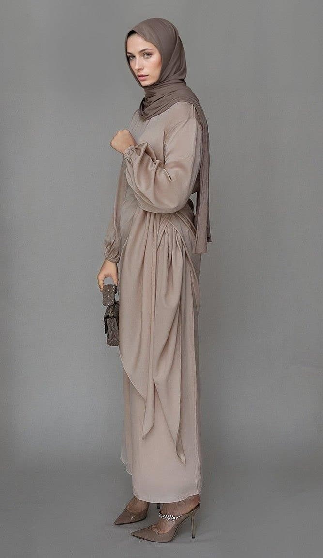 Lulule Maxi Abaya Dress with Detached Apron Elasticated Sleeve Like Tie Waist Piece in Satin Light Beige, view 6