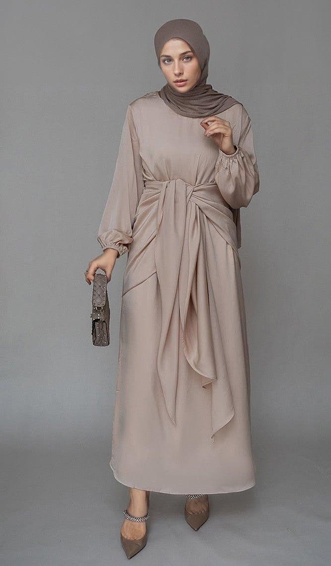 Lulule Maxi Abaya Dress with Detached Apron Elasticated Sleeve Like Tie Waist Piece in Satin Light Beige, view 4