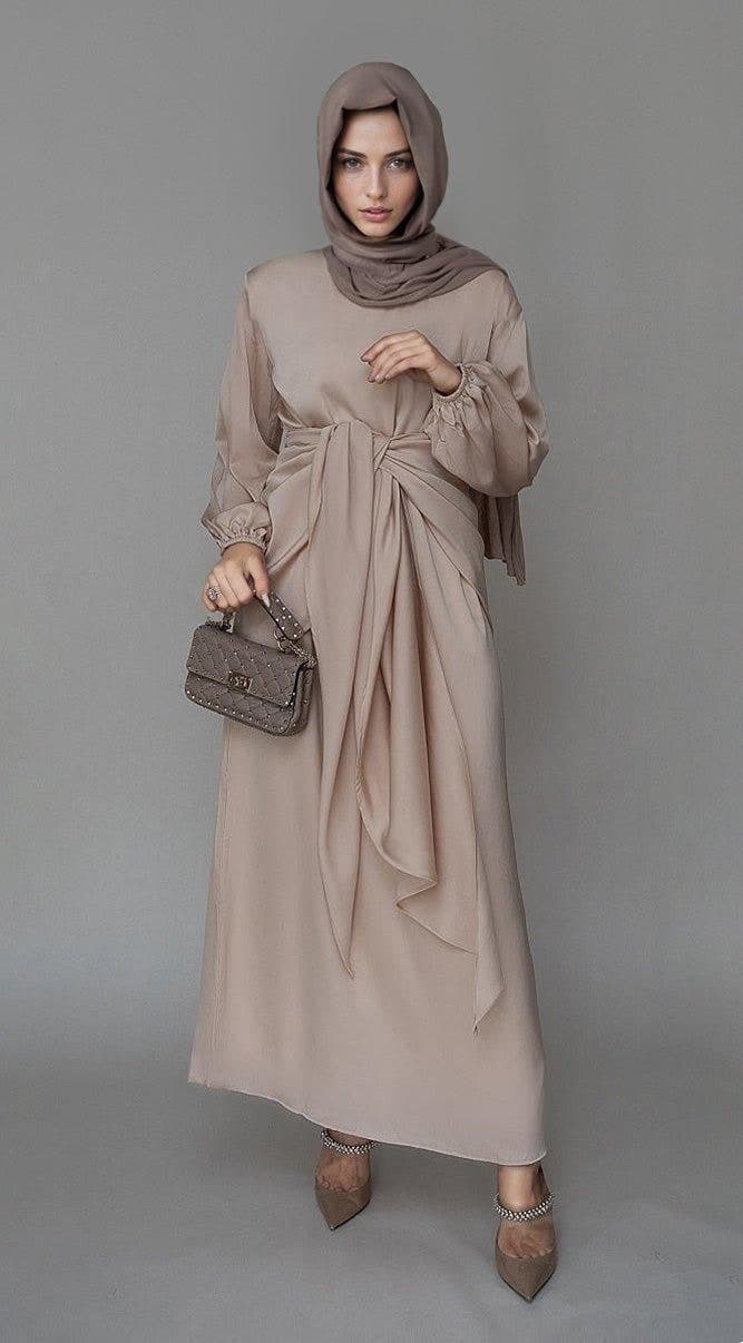 Lulule Maxi Abaya Dress with Detached Apron Elasticated Sleeve Like Tie Waist Piece in Satin Light Beige, view 3